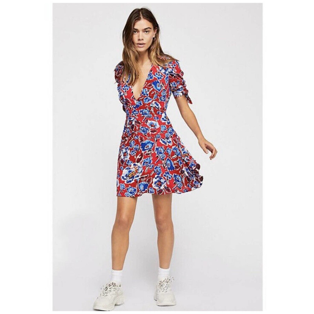 Free People Red Glow Up Mini Dress Floral Red Blue V-neck Size 10 V15